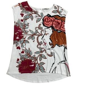 Desigual Cotton Sleeveless Top Large White Artsy Face Print Embroidered Hat GUC